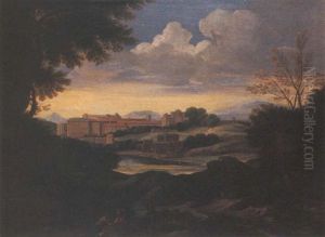 Paesaggio Fluviale Con Viandanti E Citta Sullo Sfondo
