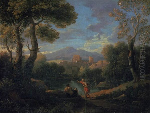 A Classical Landscape With Two Shepherds By A Lake, A Village Beyond - view 1