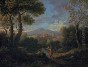 A Classical Landscape With Two Shepherds By A Lake, A Village Beyond by Jan Frans van Bloemen