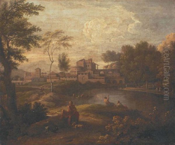 An Italianate Landscape With Figures By A Lake And A Town Beyond - view 1
