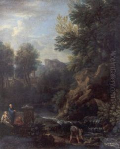 Paesaggio Laziale Con Tre Personaggi In Costume Classico Accanto A Un Plinto Di Colonna, E Un Villico Presso Una Cascata