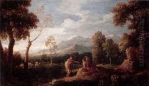 A Wooded Landscape With Figures Conversing In The Foreground by Jan Frans van Bloemen
