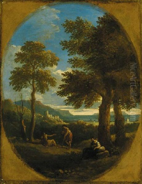 A Classical Wooded Landscape With Figures, A Town And Mountains Beyond - view 1