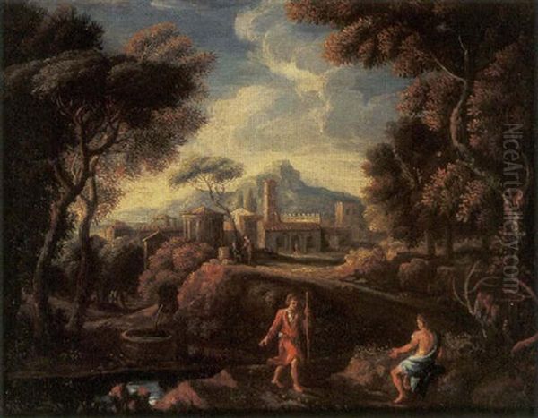 An Italianate Landscape With Shepherds By A Fountain, A Town And Mountains Beyond - view 1