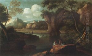 A River Landscape With Figures Resting On A Bank In The Foreground, Others In A Boat Beyond A River Landscape With Figures Resting On A Bank In The Foreground, Others In A Boat Beyond