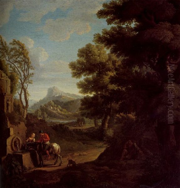 Travellers At A Well In An Italianate Wooded Landscape, Mountains Beyond - view 1