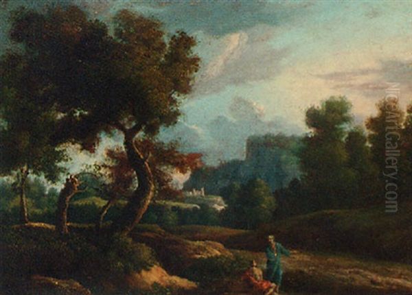 A Classical Italianate Landscape With Figures Conversing On A Track - view 1