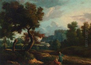 A Classical Italianate Landscape With Figures Conversing On A Track