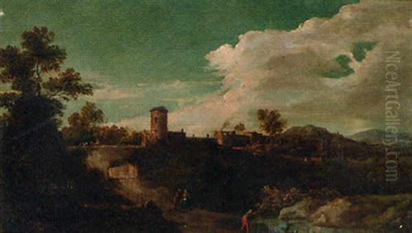An Italianate Landscape With A Angler By A Pool, With Peasants On A Track, A Village Beyond - view 1