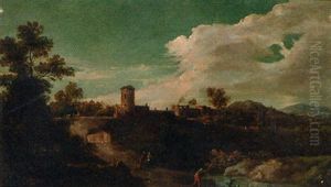 An Italianate Landscape With A Angler By A Pool, With Peasants On A Track, A Village Beyond by Jan Frans van Bloemen