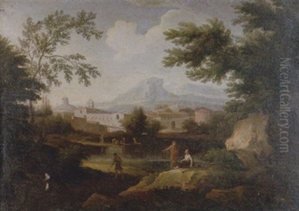 Paesaggio Laziale Con La Chiesa Dell'annunziata Di Bernini Ad Ariccia, Pastori E Pescatori Presso Un Lago - view 1