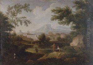 Paesaggio Laziale Con La Chiesa Dell'annunziata Di Bernini Ad Ariccia, Pastori E Pescatori Presso Un Lago