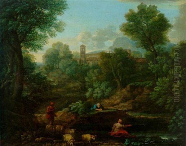 A Landscape With A Shepherd And Sheep At A Stream, A Village Beyond - view 1