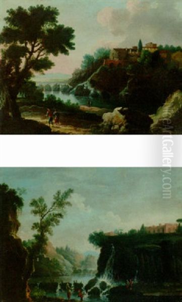 Peasants On A Path In A River Landscape With A Town Beyond - view 1