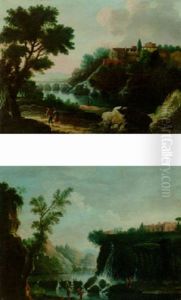 Peasants On A Path In A River Landscape With A Town Beyond