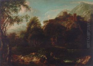 An Italianate Landscape With Bathers At A Pool, A Hilltop Village Beyond