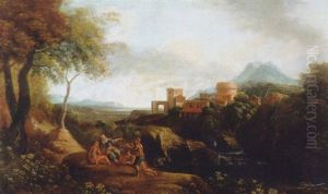 Shepherds On A Cliff Overlooking A River, A Town On A Hilltop Beyond, In An Italianate Landscape