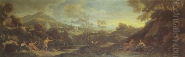 An Extensive Arcadain Landscape In The Roman Campagna With Figures Resting, A Lake, A Fortress, And Mountains Beyond - view 1