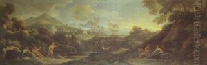An Extensive Arcadain Landscape In The Roman Campagna With Figures Resting, A Lake, A Fortress, And Mountains Beyond by Jan Frans van Bloemen