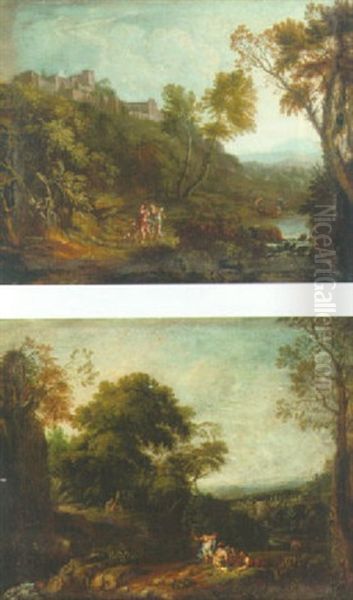 Et Par Romantiske Landskaber Med Hojtliggende Huse Og Maend I Samtale Ved En Flod - view 1