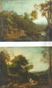 Et Par Romantiske Landskaber Med Hojtliggende Huse Og Maend I Samtale Ved En Flod Et Par Romantiske Landskaber Med Hojtliggende Huse Og Maend I Samtale Ved En Flod