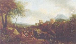 Shepherds On A Cliff Overlooking A River, A Town In A Hilltop Beyond, In An Italianate Landscape