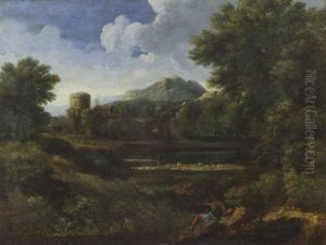 An Extensive Italianate Landscape With Shepards By A River, Flocks Of Sheep And Buildings Beyond by Jan Frans van Bloemen