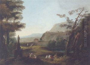 A Mountainous Landscape With Figures Resting In The Foreground, A Hill-top Town Beyond by Jan Frans van Bloemen