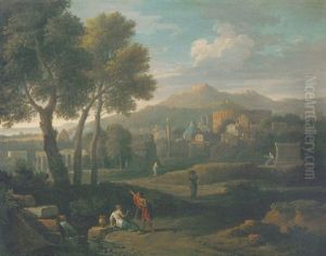 An Arcadian Landscape Set In The Roman Campagna With The Colosseum And Other Roman Buildings, Mountains Beyond