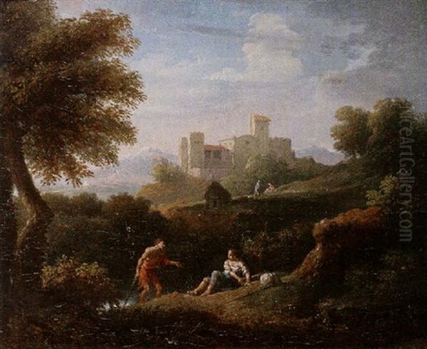 An Arcadian Landscape With A Traveller And A Lady Resting On A Path, A Castle Beyond - view 1