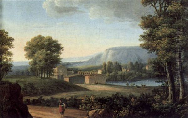 Italienische Fluslandschaft Mit Hausern Und Einer Frau - view 1