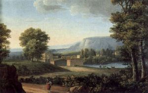 Italienische Fluslandschaft Mit Hausern Und Einer Frau