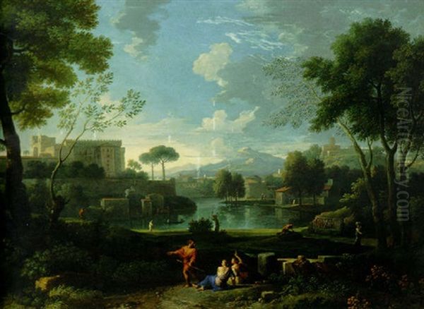 An Italianate Landscape With A Lakeside Town And A Fortified Palace On A Hill, Figures Resting On A Path In The Foreground - view 1