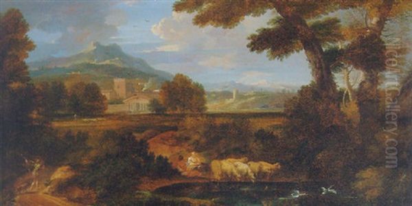 A Classical Landscape With Shepherds Watering Sheep At A Pool - view 1