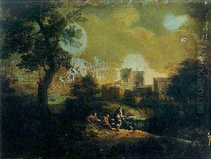 An Italianate Landscape With Travellers On A Path Overlooking A Villa On A River by Jan Frans van Bloemen