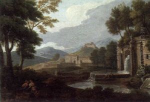 An Italianate Landscape With A Fountain And Philosophers Resting In The Foreground by Jan Frans van Bloemen