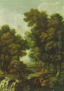 A Wooded River Landscape With Fishermen Sitting On A Bank
