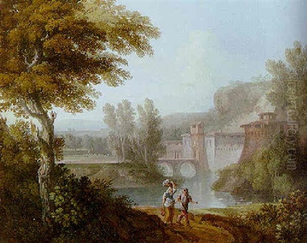 An Italianate River Landscape With Travellers On A Path, A Moated Castle Beyond - view 1