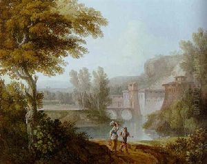 An Italianate River Landscape With Travellers On A Path, A Moated Castle Beyond