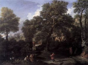 A Classical Landscape With Figures Bathing In A Pond