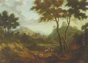 An Extensive Hilly Landscape With A Traveller And Peasants By A Track, A Town Beyond