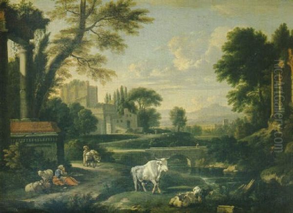 Paysage Classique Aux Ruines Antiques Avec Une Riviere - view 1