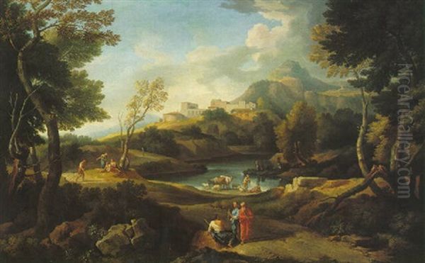 A Classical Wooded Landscape With Figures Resting And Herdsmen By A River - view 1