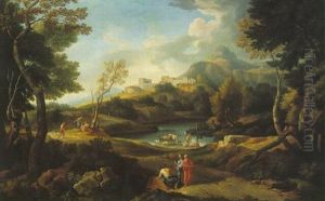 A Classical Wooded Landscape With Figures Resting And Herdsmen By A River