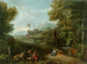 Italian Landscape With Shepherds Resting By A Waterfall In The Foreground, Castle Beyond