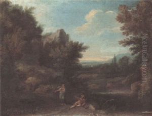 A Wooded River Landscape With A Couple Resting A Wooded River Landscape With A Couple Resting
