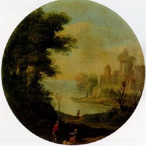 A River Landscape With Travellers Conversing On A Track, A Castle Beyond by Jan Frans van Bloemen