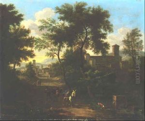 A Wooded Landscape With A Peasant Driving Mules Along A Track And A Dog Drinking At A Fountain
