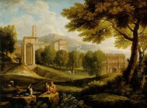 Arkadiskt Landskap Med Figurer Vid Vittrat Tempel