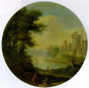 A River Landscape With Travellers Conversing On A Track by Jan Frans van Bloemen